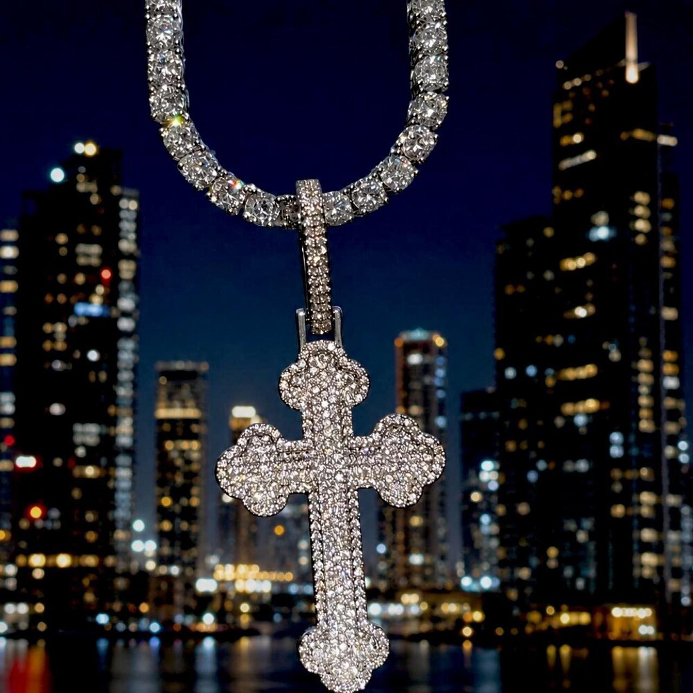 Silver Iced Tennis Cross Necklace 20inch